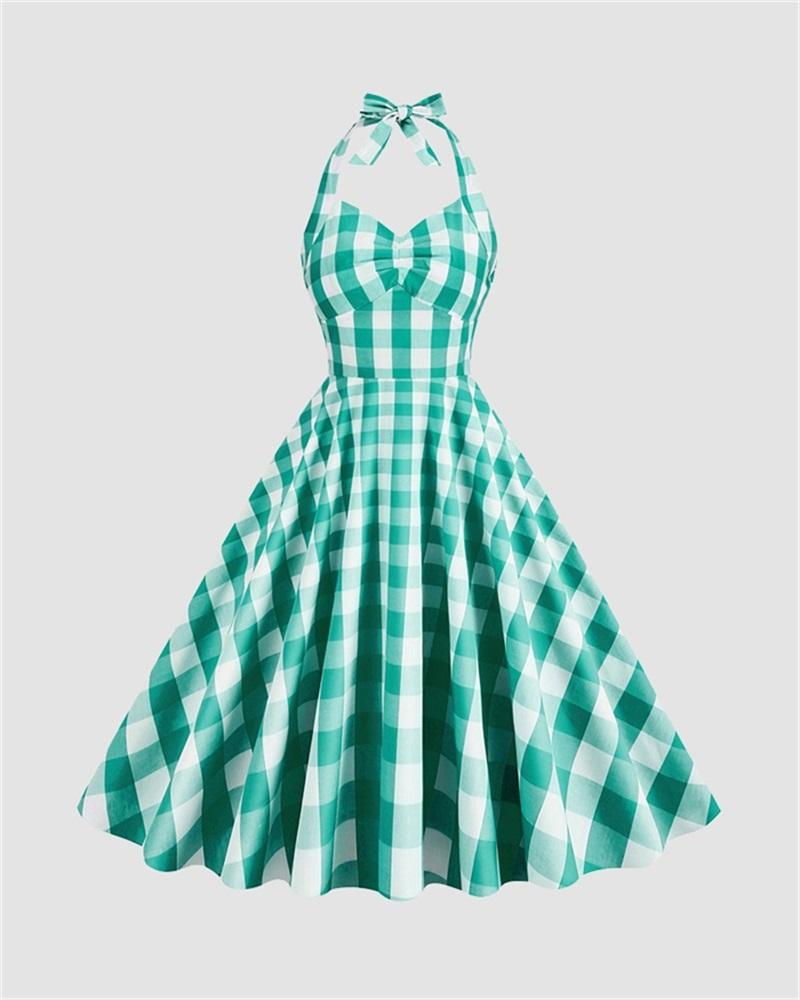 Sweet Utopia Halter Flare Gingham Dress