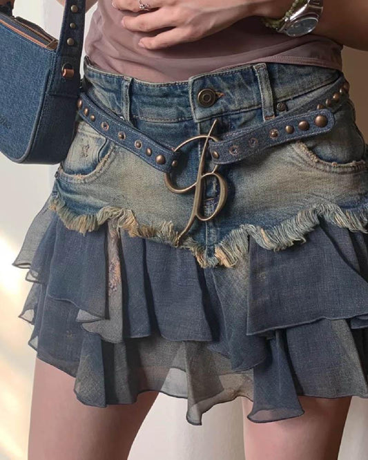 Blumar Denim Spliced Mesh Washed And Distressed Short Skirt