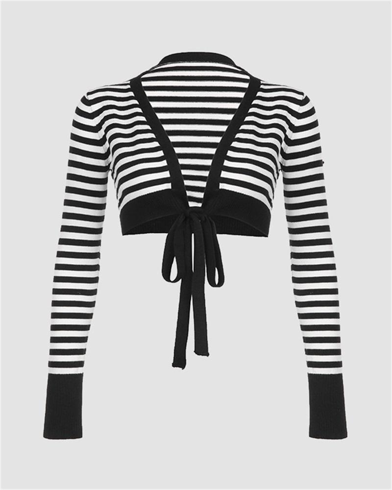 Thoneal Stripe Tie Crop Cardigan