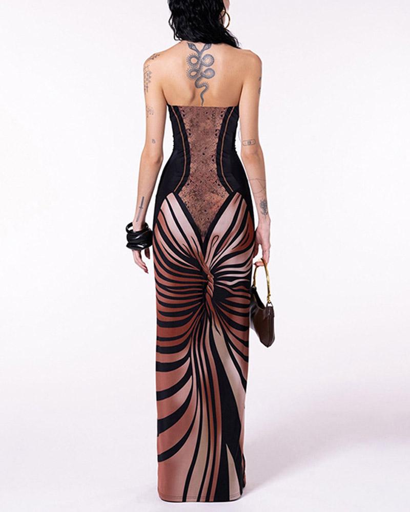 Brown Striped Print Strapless Dress