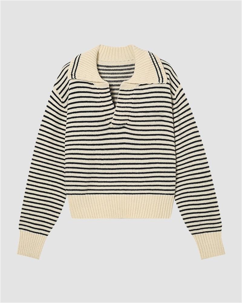 Retro Polo Collar Striped Sweater