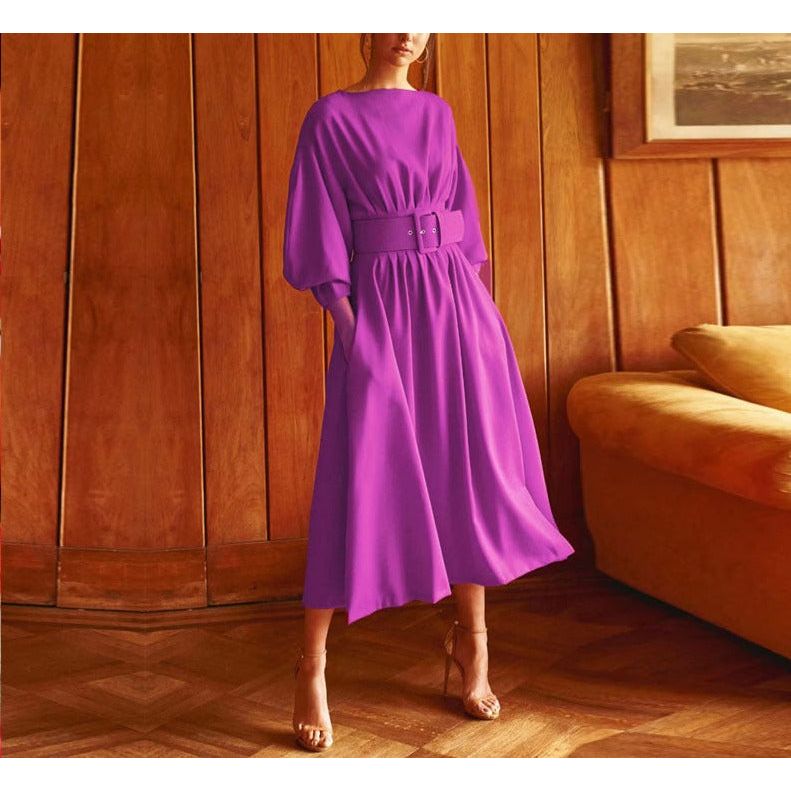 The Genevieve Long Sleeve Pleated Dress - Purple