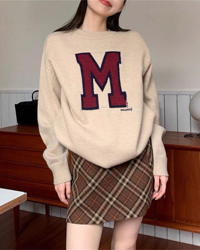 American Retro Campus "M" Letter Pullover Sweater