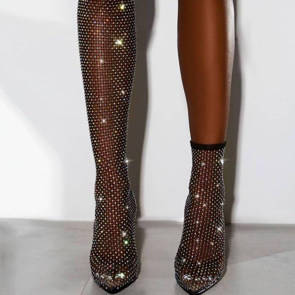 Glimmer Over The Knee Rhinestone Mesh Heel Boots