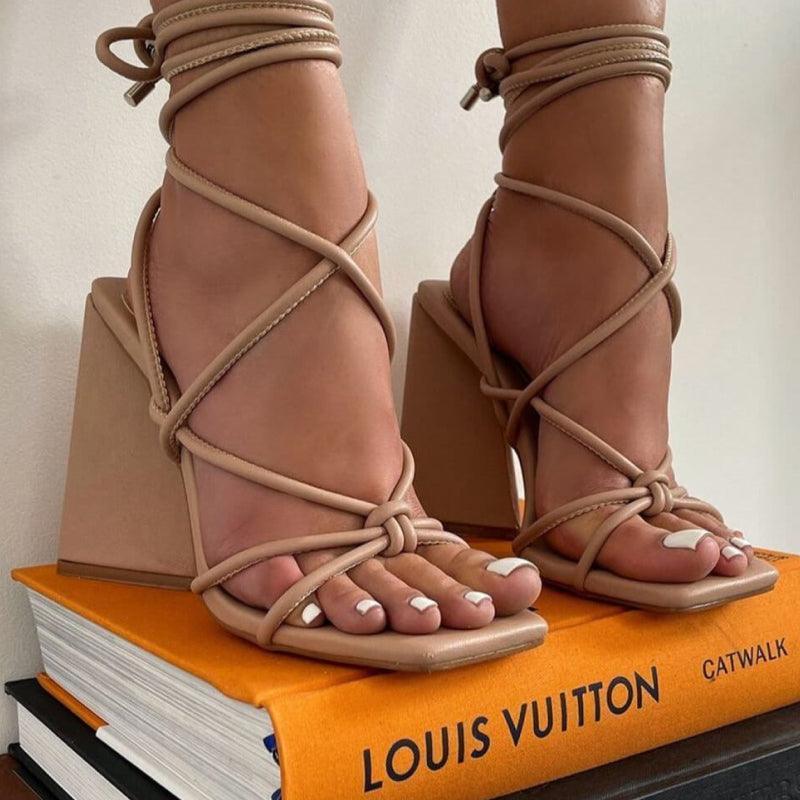 Niki Square Toe Lace Up Block Heels