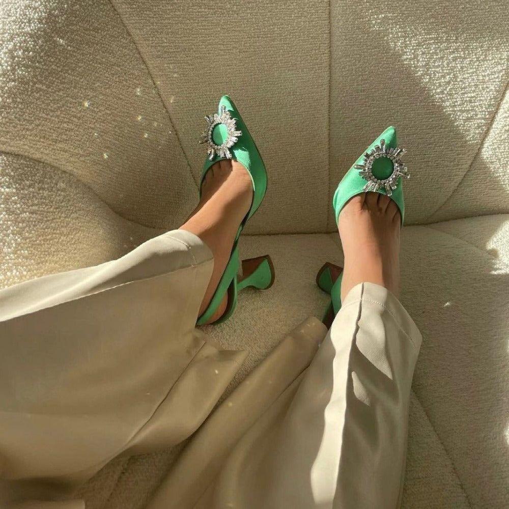 Obsessed Pointed Toe Crystal Brooch Heels