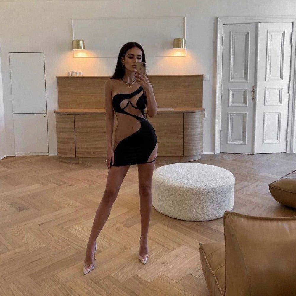 Late Night Asymmetric Cut Out Mesh Mini Dress