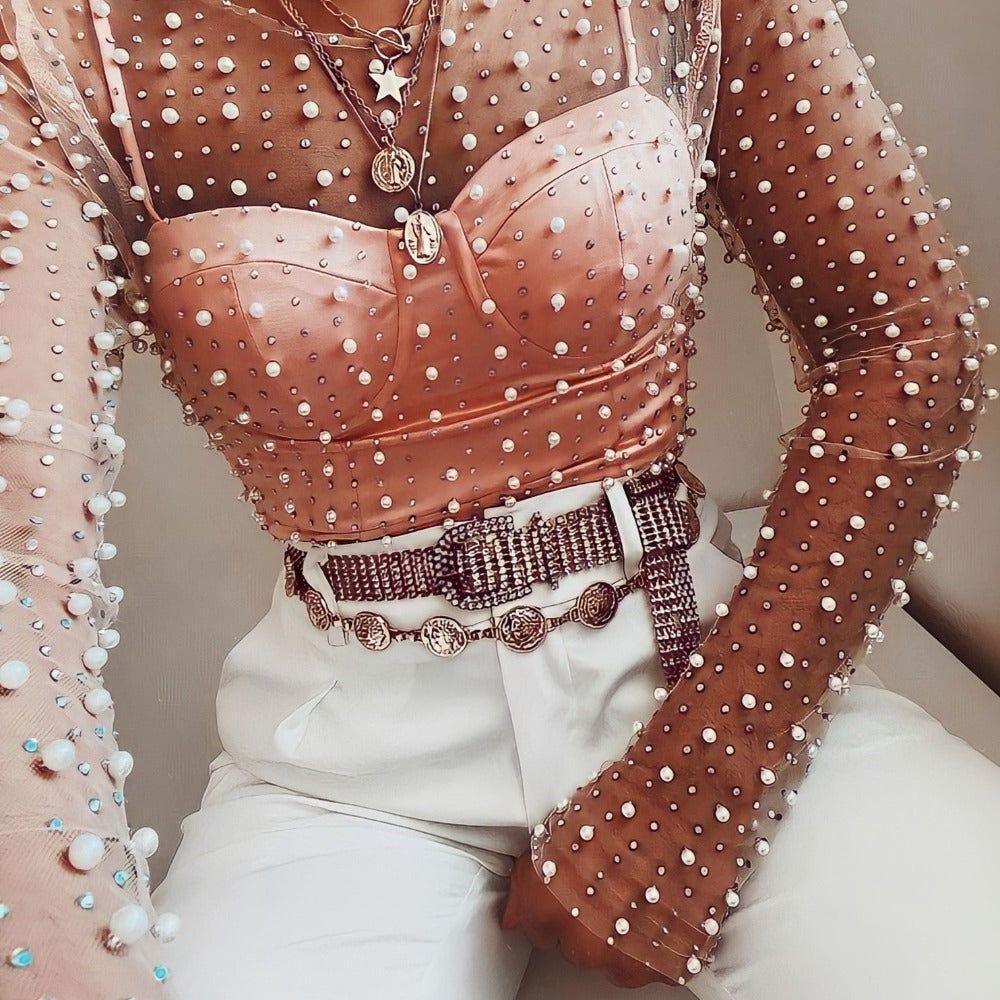 Pearl Diva Long Sleeve Mesh Crop Top