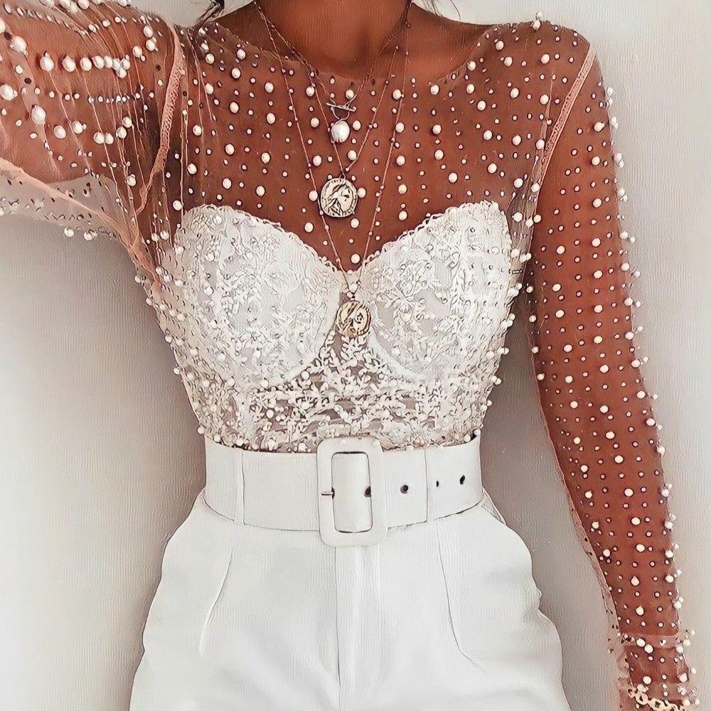 Pearl Diva Long Sleeve Mesh Crop Top