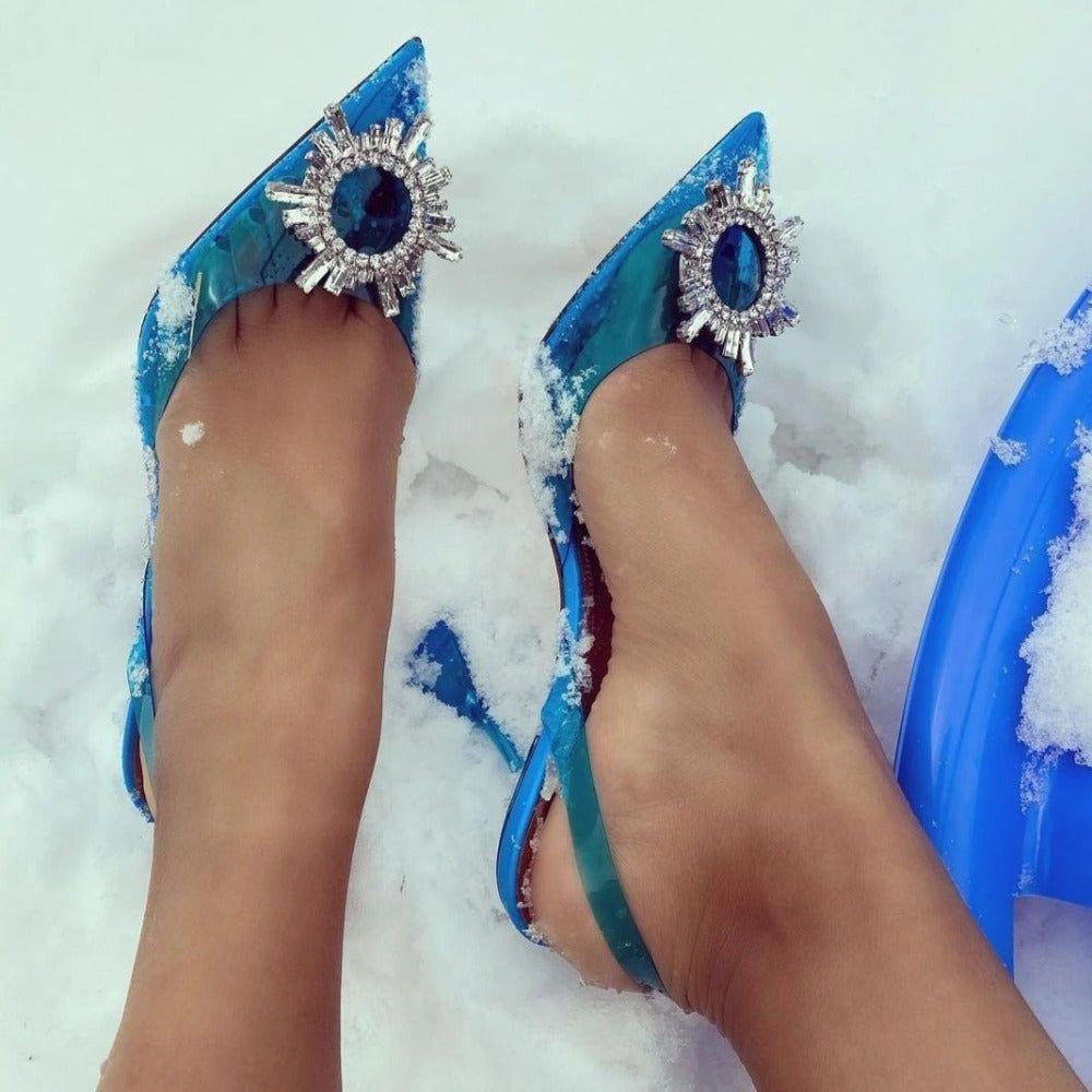 Color Cinderella Pointed Toe Crystal Brooch Heels