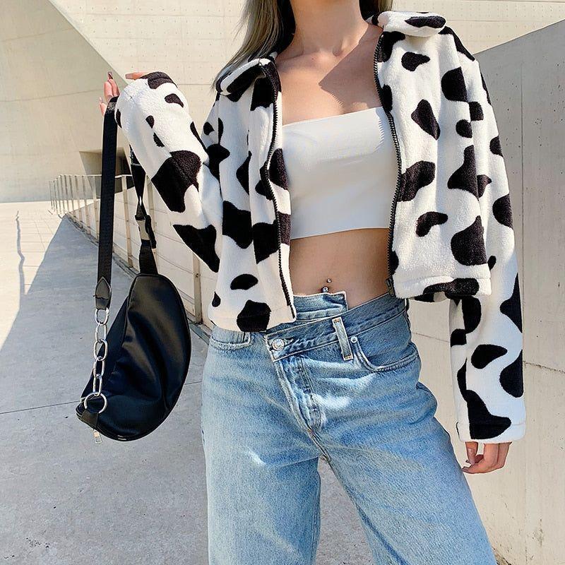 Alvina Cow Pattern Plush Jacket