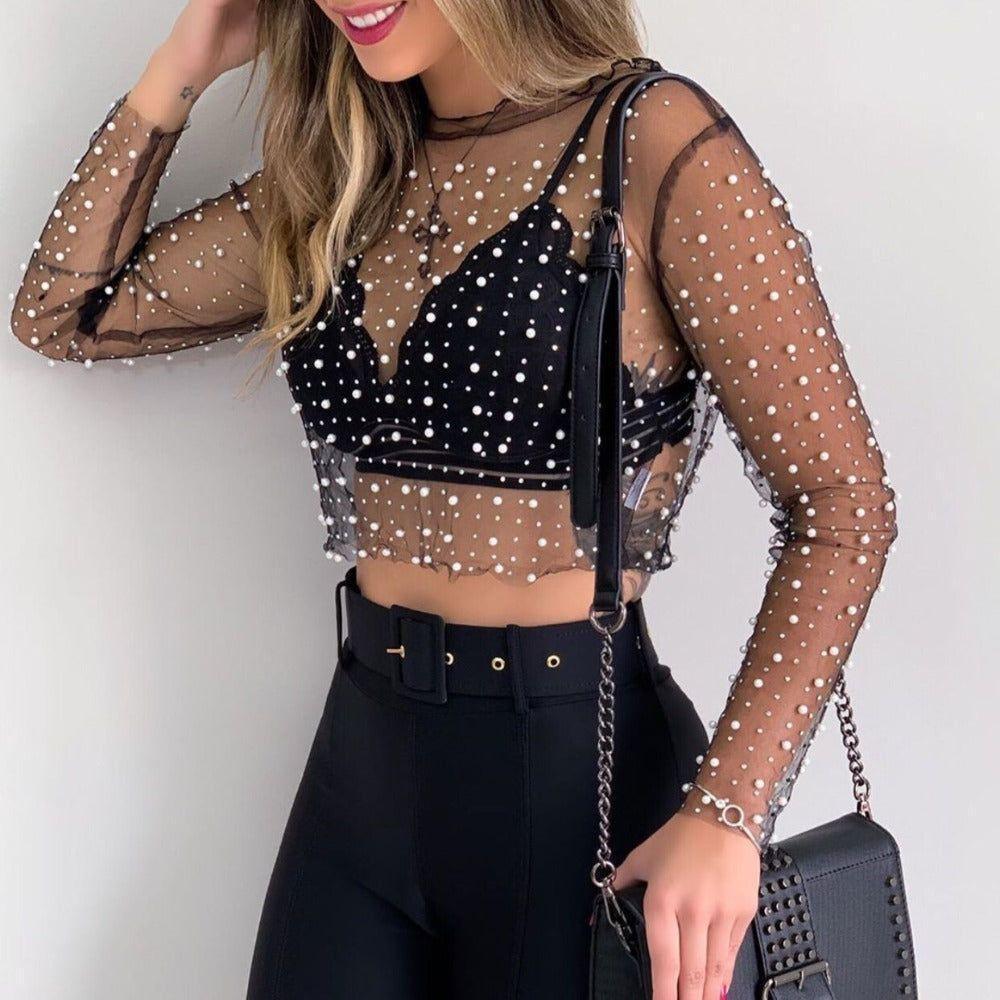 Pearl Diva Long Sleeve Mesh Crop Top