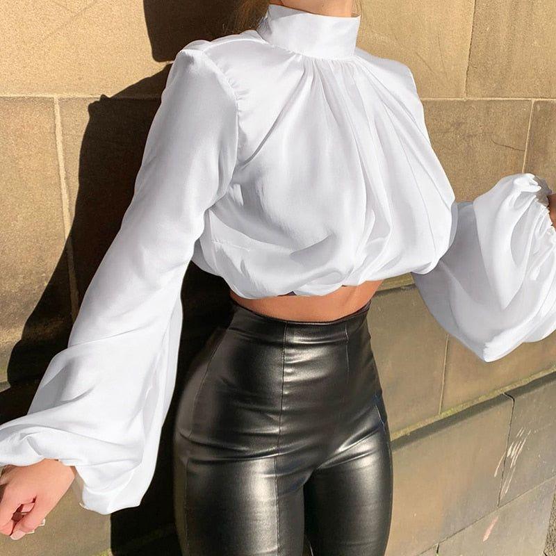 Mare Turtleneck Puff Sleeve Satin Blouse