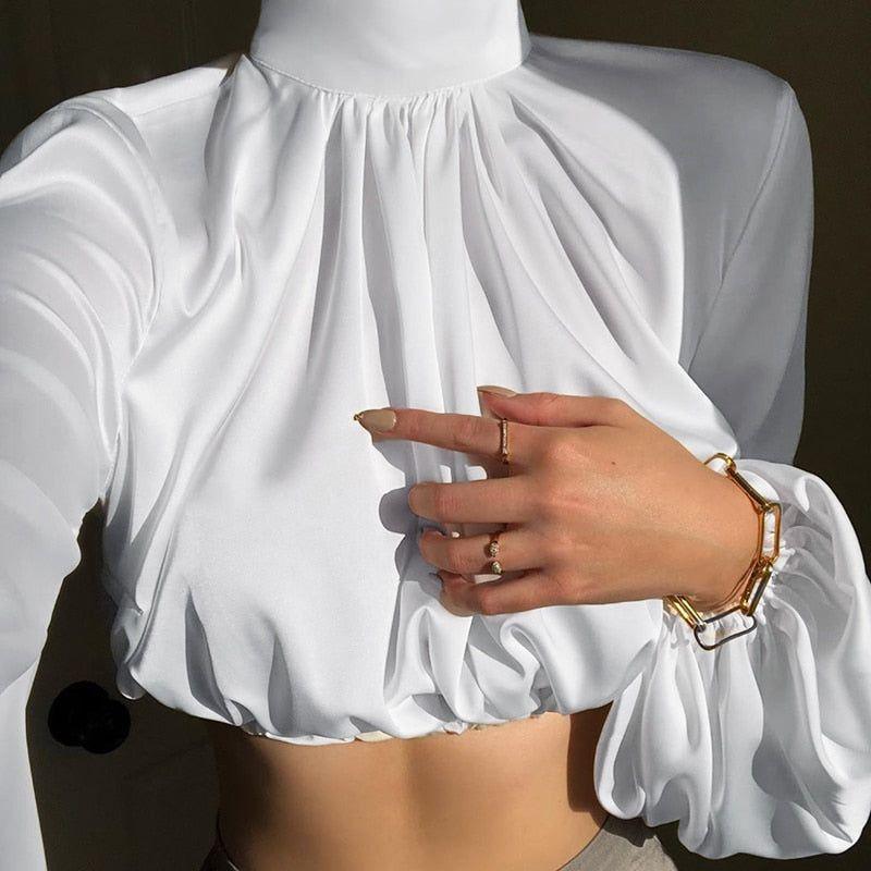 Mare Turtleneck Puff Sleeve Satin Blouse