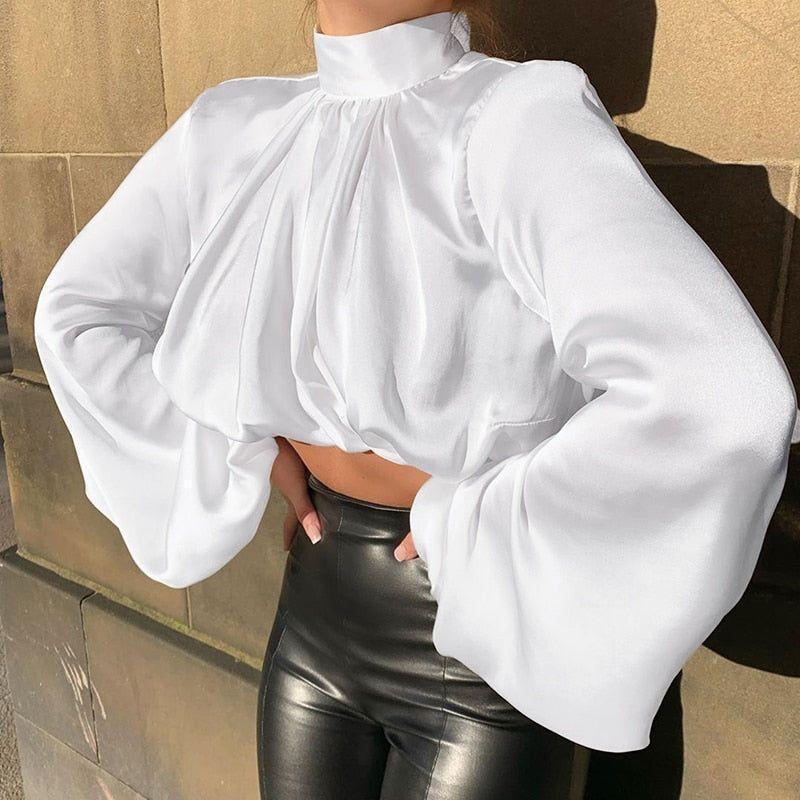 Mare Turtleneck Puff Sleeve Satin Blouse