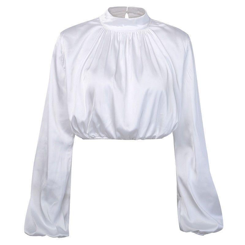 Mare Turtleneck Puff Sleeve Satin Blouse