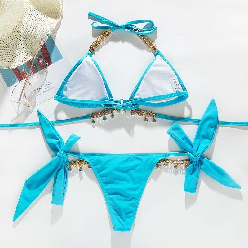 Crystal Rhinestone Detail Triangle Tie Side Halter Bikini