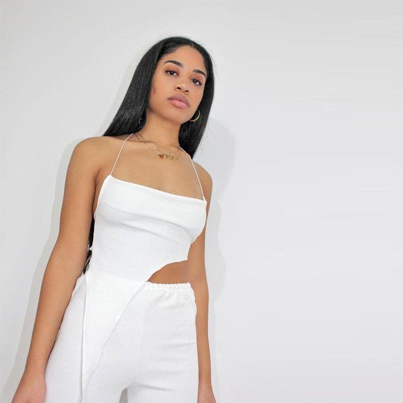 Castaway Ribbed Asymmetric Halter Crop Top