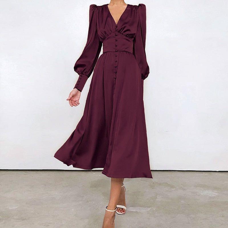 Angela Lantern Sleeve Satin Midi Dress