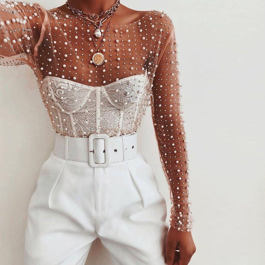 Pearl Diva Long Sleeve Mesh Crop Top