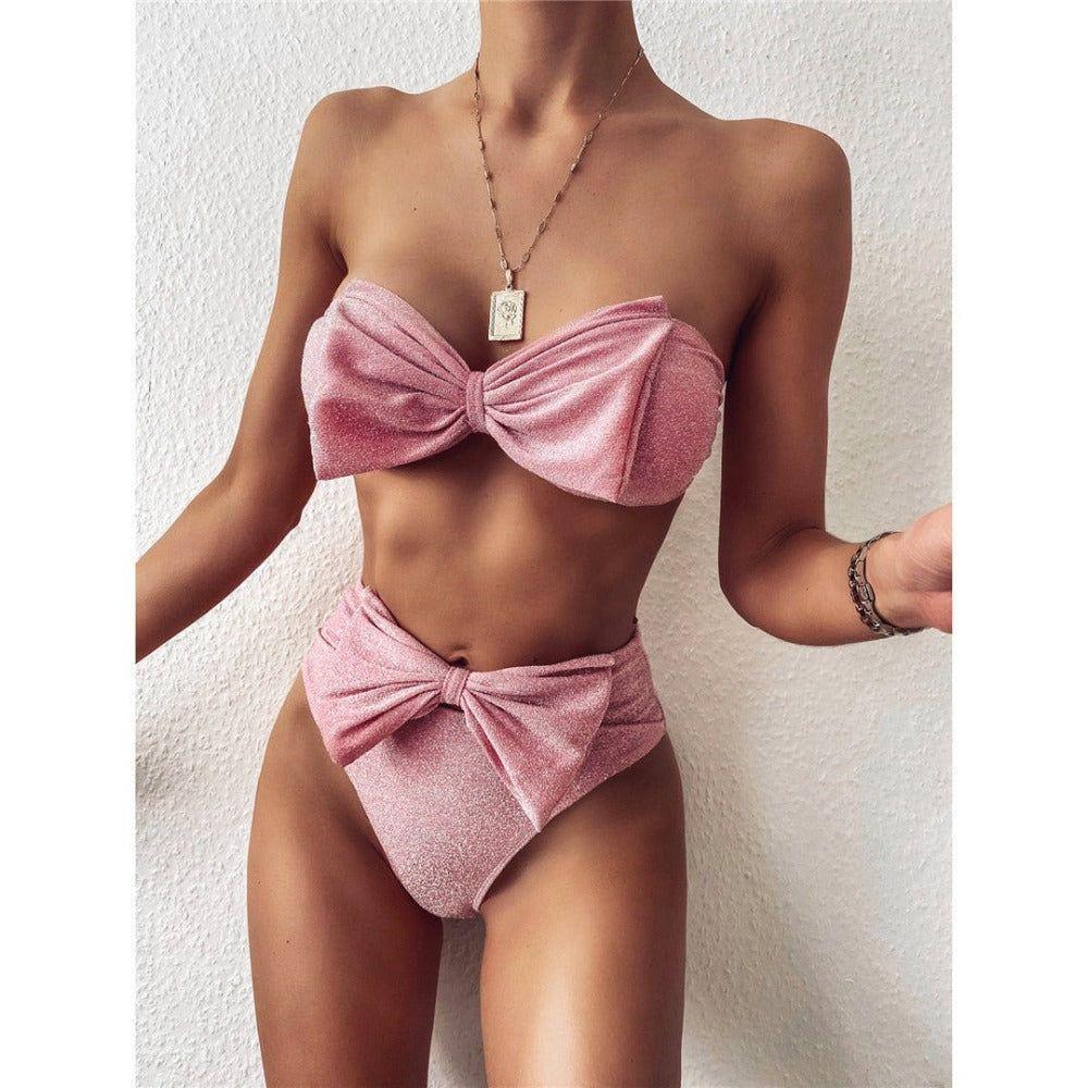 Luna Glitter Bowknot Decor Strapless Bikini Set