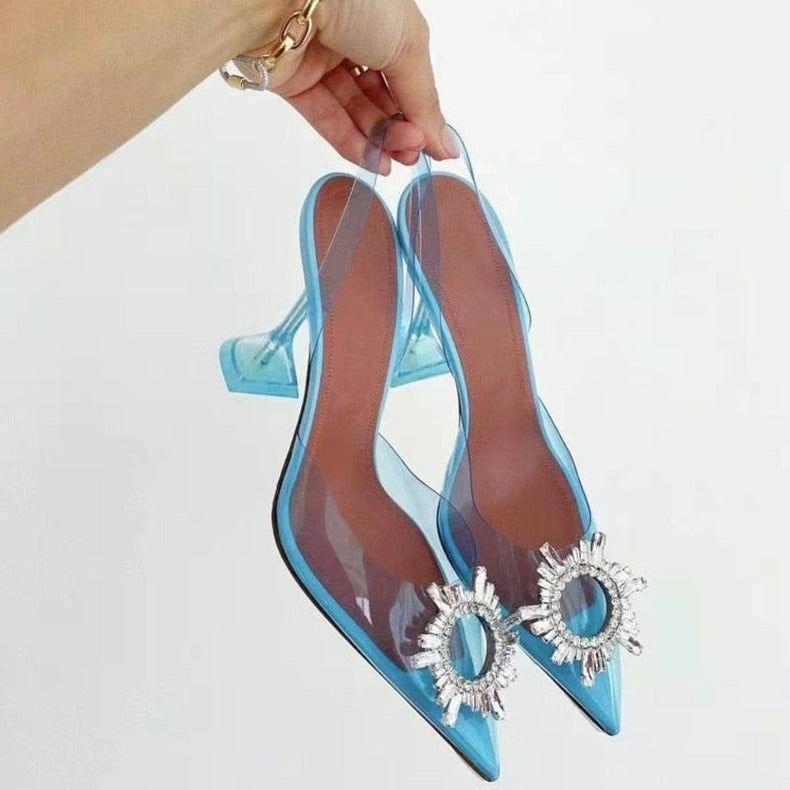 Color Cinderella Pointed Toe Crystal Brooch Heels