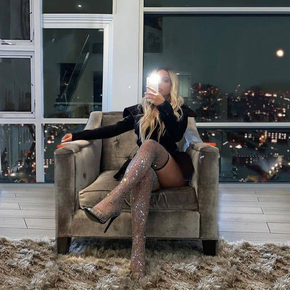 Glimmer Over The Knee Rhinestone Mesh Heel Boots