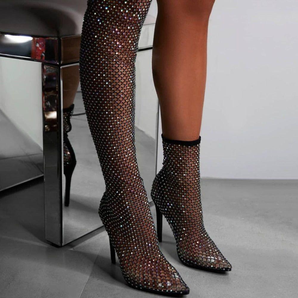 Glimmer Rhinestone Mesh Heel Boots