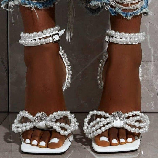 White Pearl Bow Ankle Strap Heels