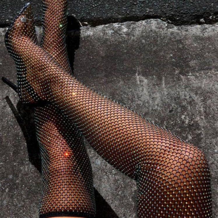 Glimmer Over The Knee Rhinestone Mesh Heel Boots