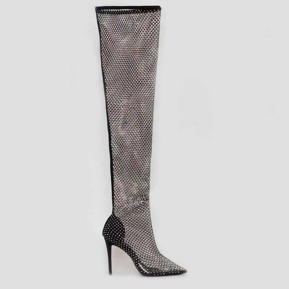 Glimmer Over The Knee Rhinestone Mesh Heel Boots