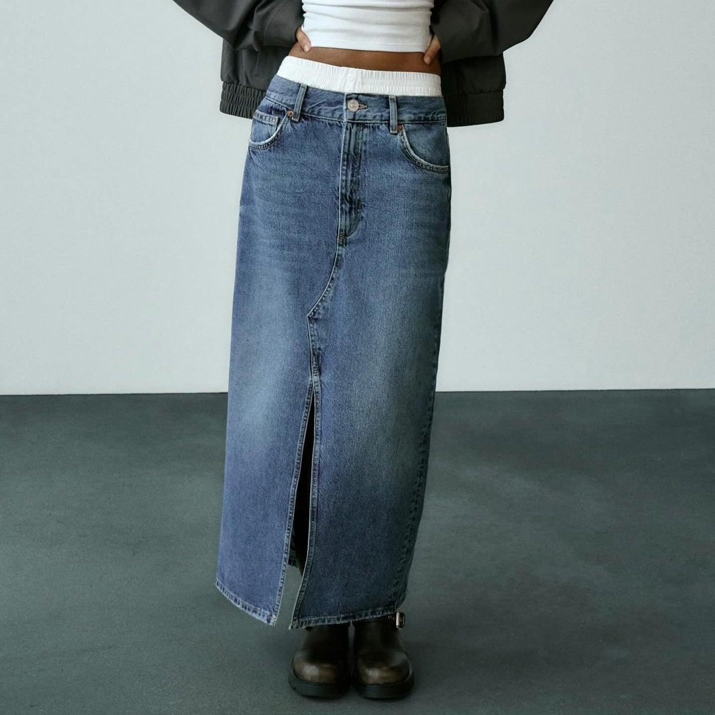 New Era High Waist Split Denim Maxi Skirt