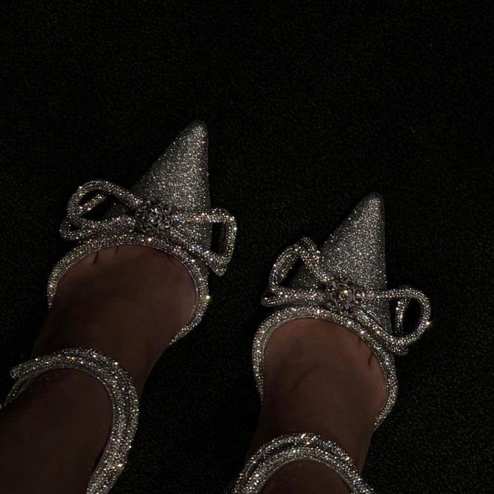 Galaxy Silver Glitter Wrap Around Bow Heels