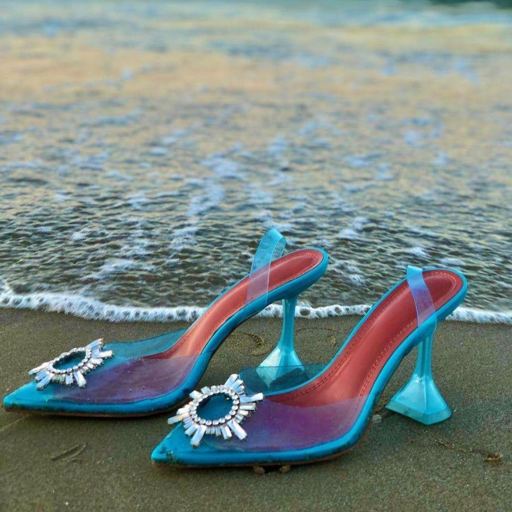 Color Cinderella Pointed Toe Crystal Brooch Heels