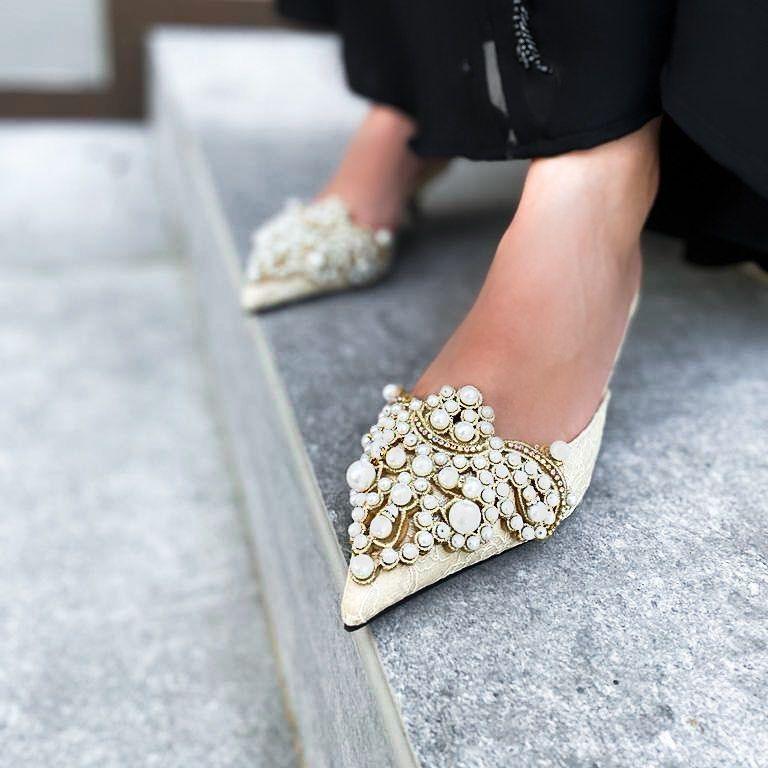 White Pearl Jeweled Lace Satin Heels