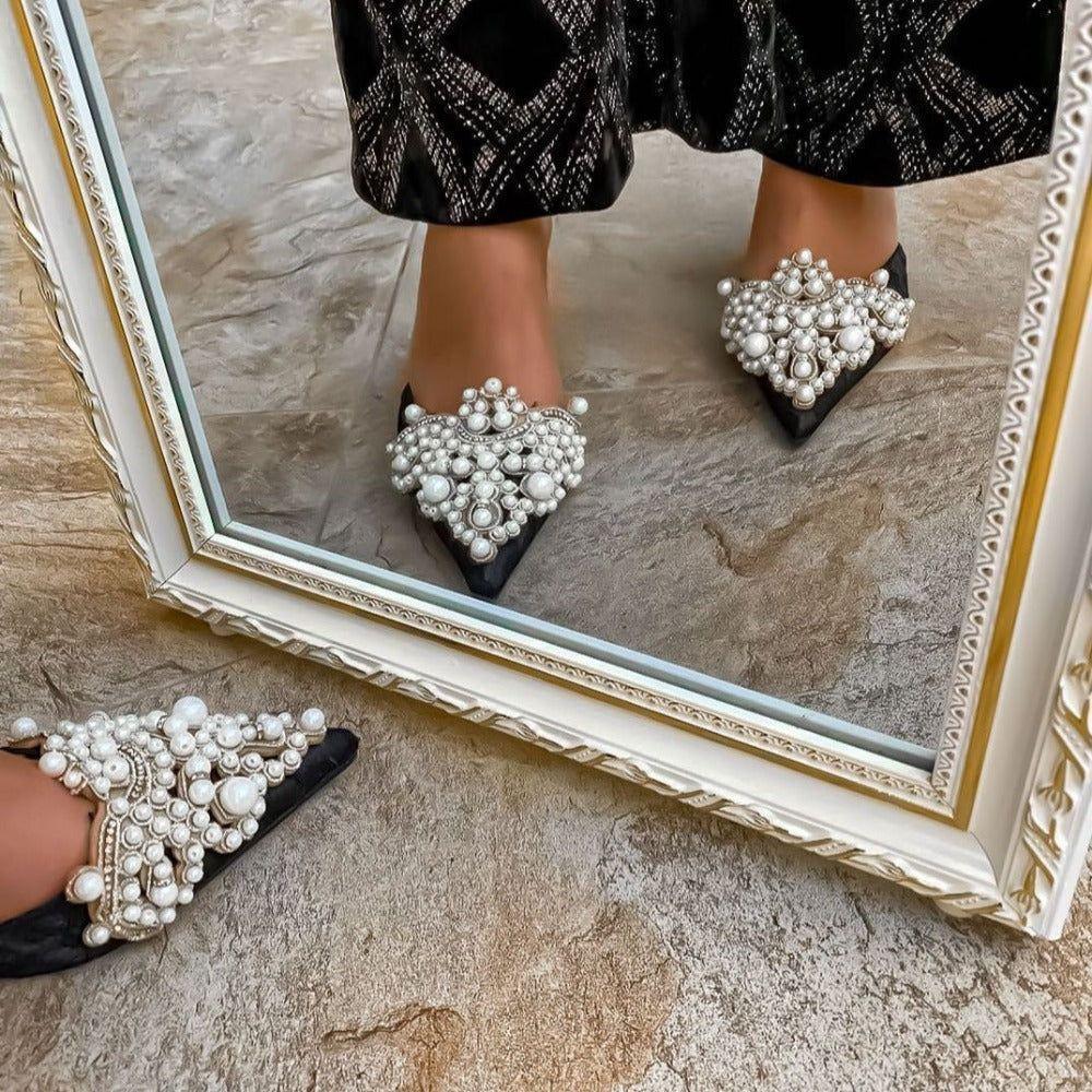 White Pearl Jeweled Lace Satin Heels