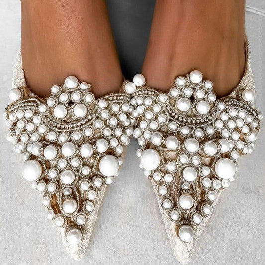 White Pearl Jeweled Lace Satin Heels