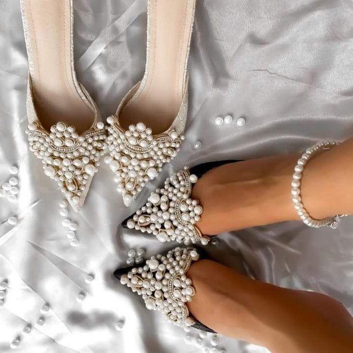 White Pearl Jeweled Lace Satin Heels