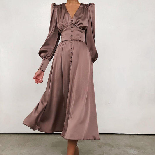 Angela Lantern Sleeve Satin Midi Dress