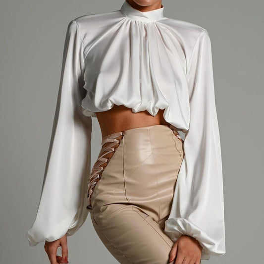 Mare Turtleneck Puff Sleeve Satin Blouse