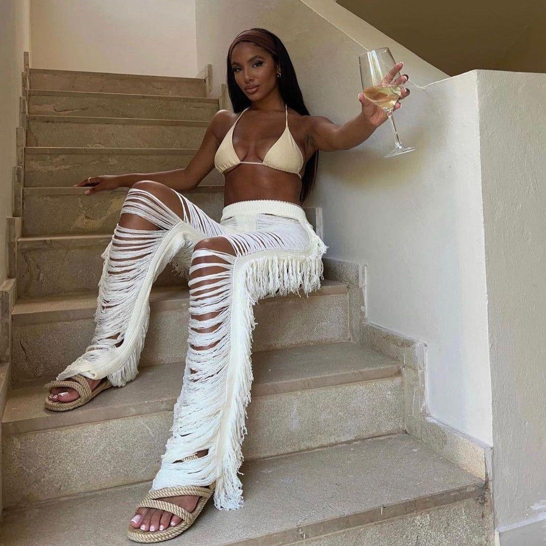 Jada Ripped Side Tassel Straight Pants