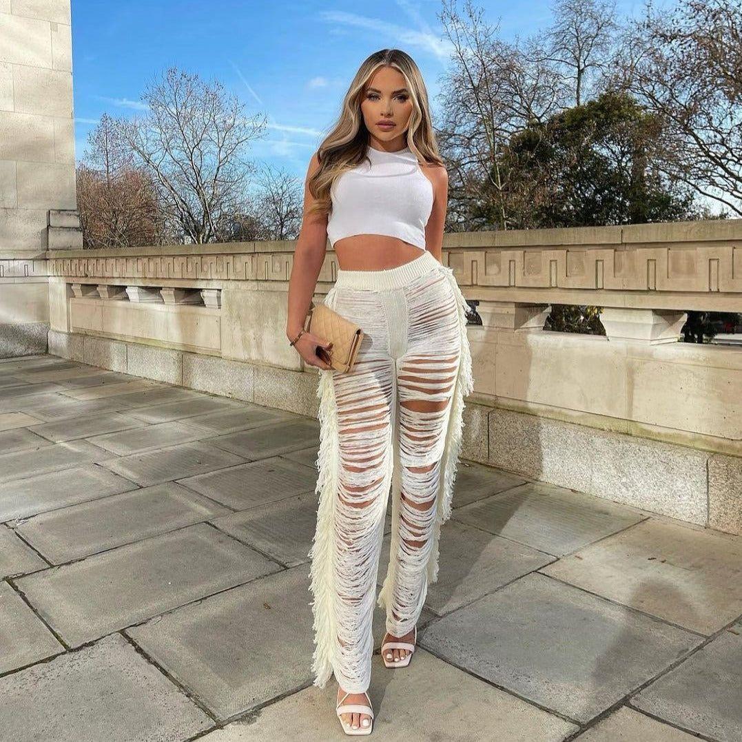 Jada Ripped Side Tassel Straight Pants