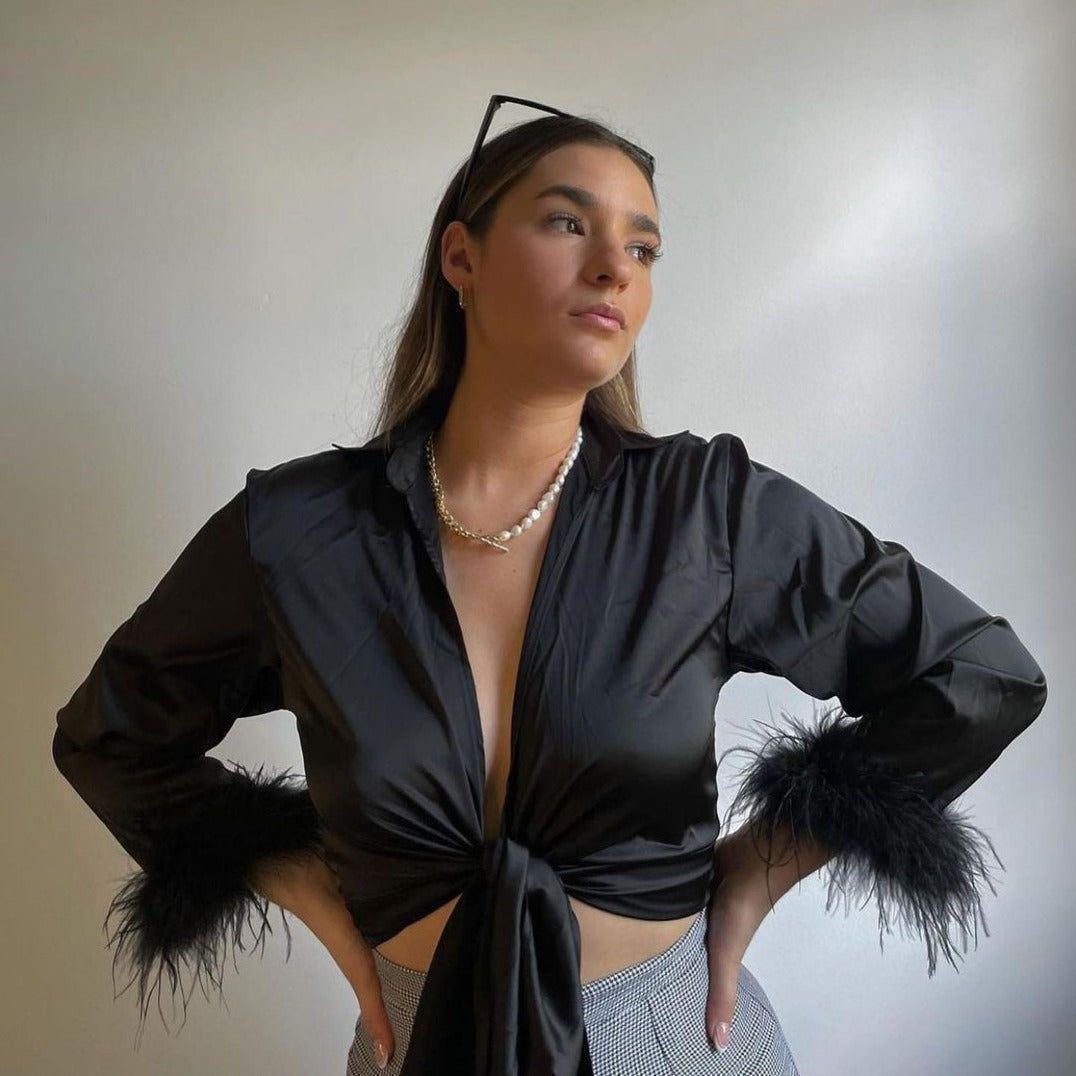 Good Vibes Feather Long Sleeve Satin Top