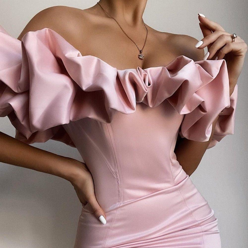 Zari Satin Ruffles Off Shoulder Mini Dress