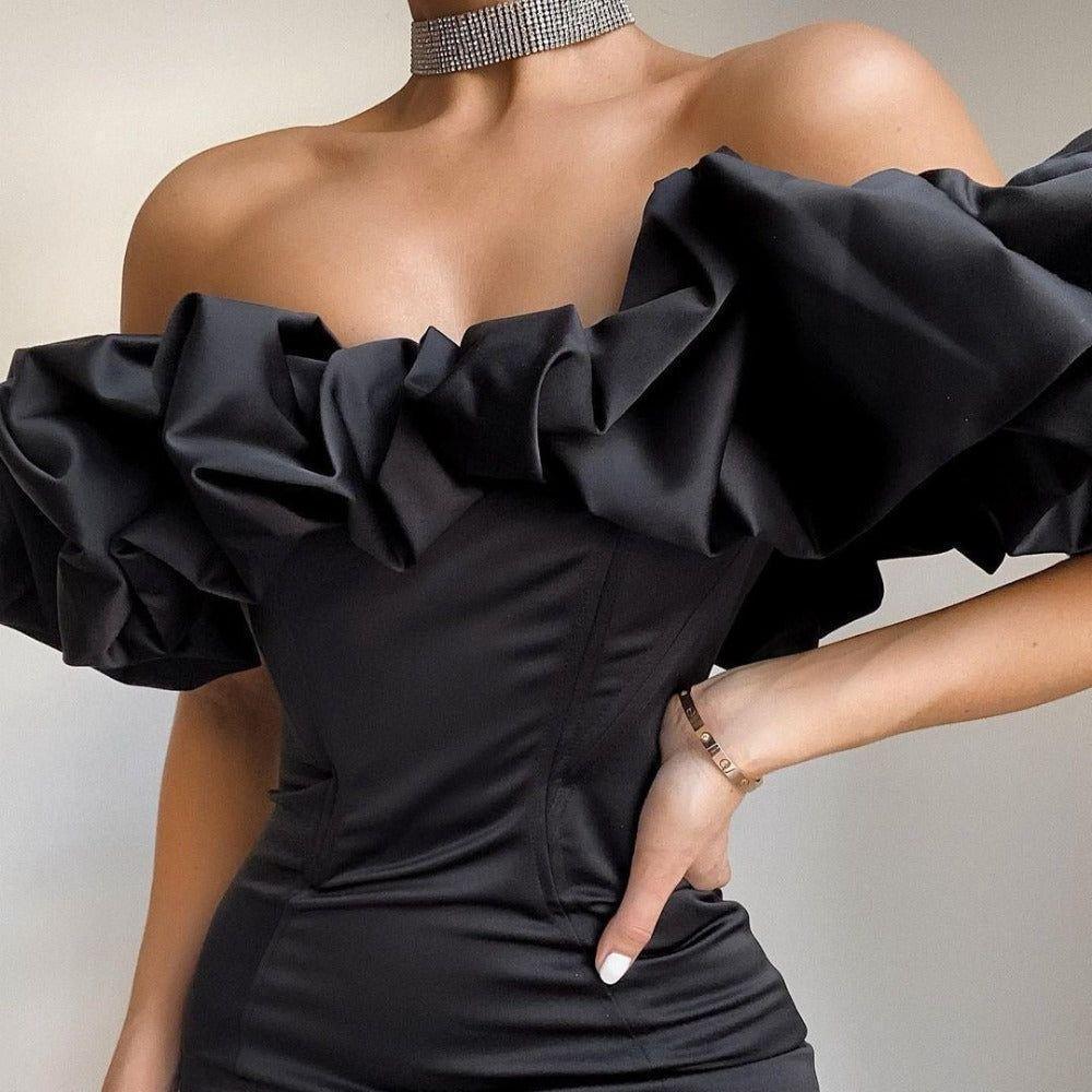 Zari Satin Ruffles Off Shoulder Mini Dress